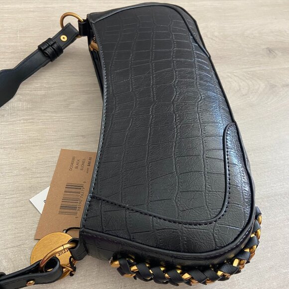 Steve Madden Crocodile Embossed Leather Handbag|Black Croc Baguette Shoulder Bag - Picture 6 of 11